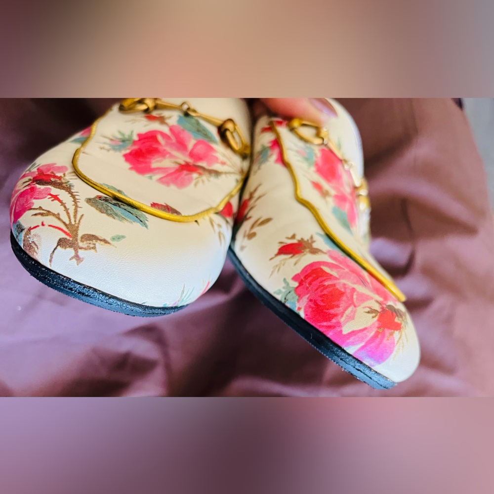 Gucci Floral Leather Horsebit Mules in Cream with Pink & Red Accents - Picture 11 of 13
